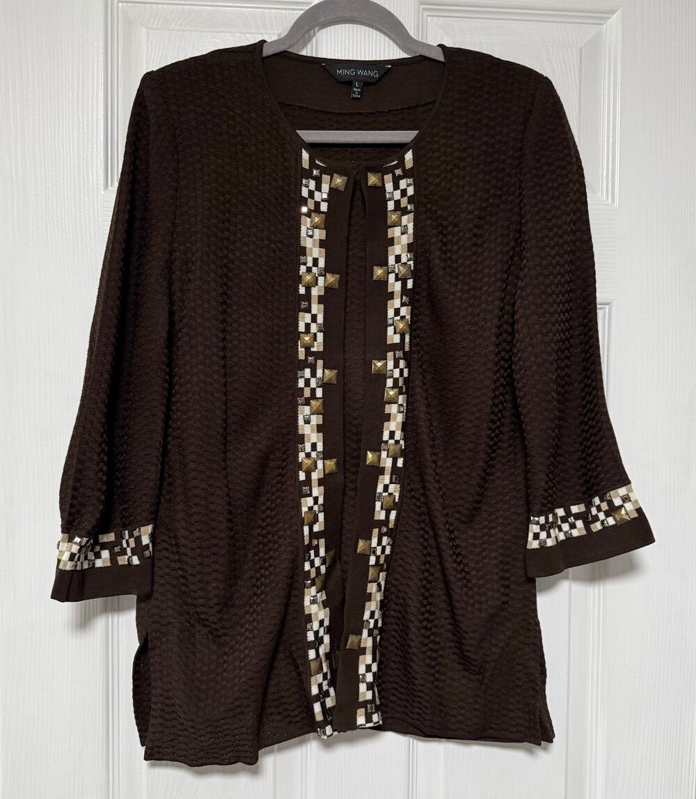 Ming Wang Women's Brown Weave Knit Beaded Cardigan Jacket Size Large